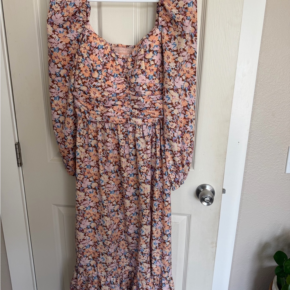 Floral Peach Maxi Dress with Puff Sleeves